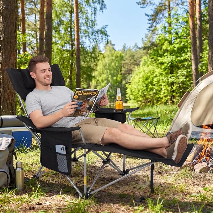 Romswi 2Pack 4-Position Reclining Camping Chair with Removable Footrest, 2-in-1 Adjustable Portable Lounge Chair with Cooler Bag, Cup Holder, Side Pockets & Carry Bag for Outdoor, Black