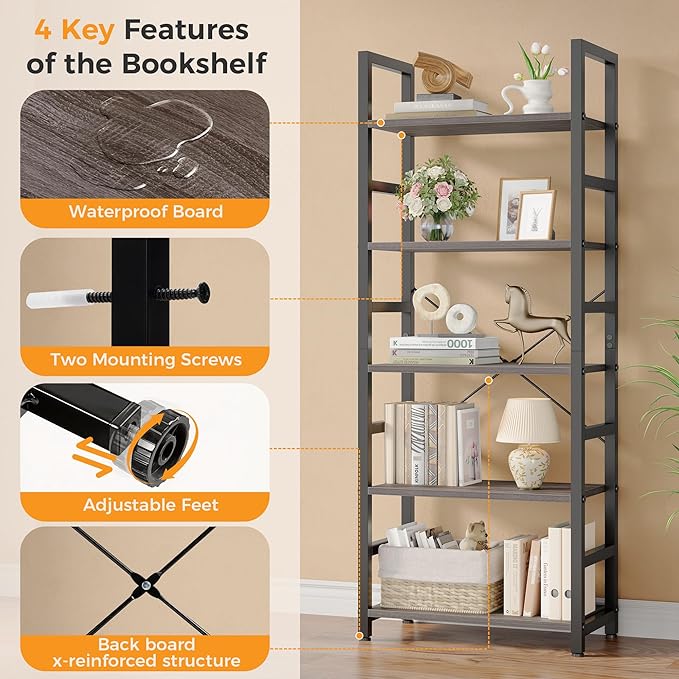 DUMOS 5-Tier Bookshelf, Modern Tall Bookcase, Open Storage Display Shelf for Living Room, Bedroom, Home Office, Narrow Standing Shelving Unit for Books, CDs, Décor,Wood Grey