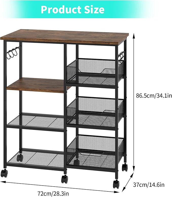 HapiRm Rolling Kitchen Carts with Storage - Microwave Table Stand with 6 Hooks & 3 Baskets, kitchen Island Cart on Lockable Wheels, 28.3" L × 14.6" W Bakers Rack Cart for Dining Room Coffee Bar Office