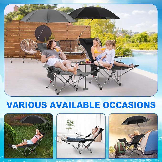 Yuntau 2 Set Reclining Beach Chairs with UPF 50+ Umbrellas Shade, Upgraded Heavy Duty Portable Folding Lounge Camping Chair with Canopy Removable Footrest & Headrest for Outdoor Patio(Grey, Black)