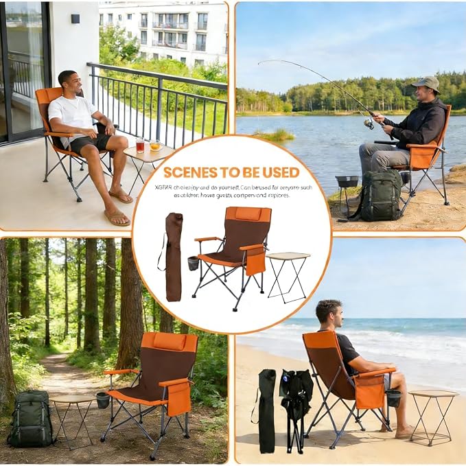 2 Pack Adjustable Folding Camping Chairs with Detachable Footrest and Headrest, Lightweight and Portable, Ideal for Hiking, Travel, Fishing and Outdoor Activities (Orange)