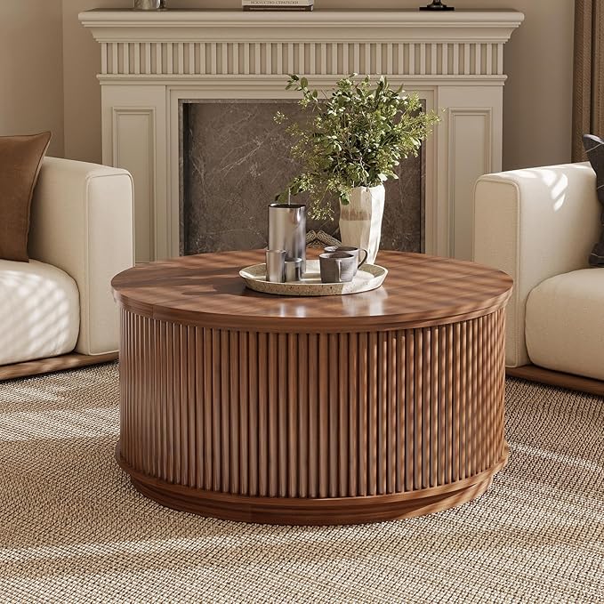 LYNCOHOME 31.5'' Fluted Flip Top Round Coffee Table with Storage, Drum Coffee Table, Modern Coffee Table for Living Room, Center Table for Living Room, Home Office, Dark Brown, Walnut