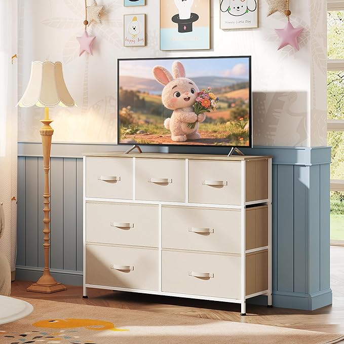 WLIVE 7 Drawer Dresser TV Stand, Entertainment Center, Media Console Table with Metal Frame and Wood Top for TV up to 45 inch, Chest of Drawers for Bedroom, Living Room, Cream White