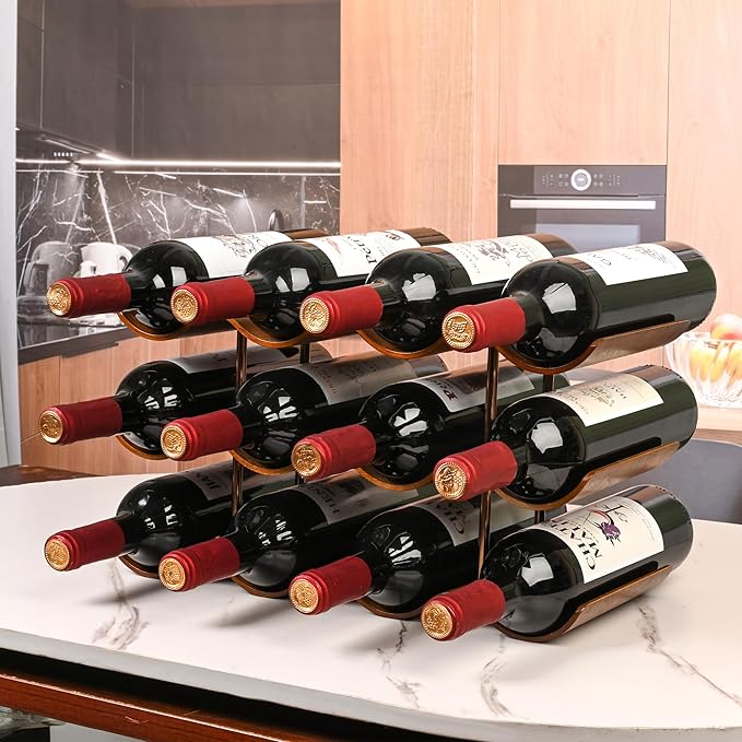 Countertop Wine Rack - 12 Bottle Freestanding Wine Bottle Holder Stand - 3 Tier Wooden Wine Storage Rack - Walnut Wavy Wine Organizer for Cabinet Pantry Home Kitchen Bar