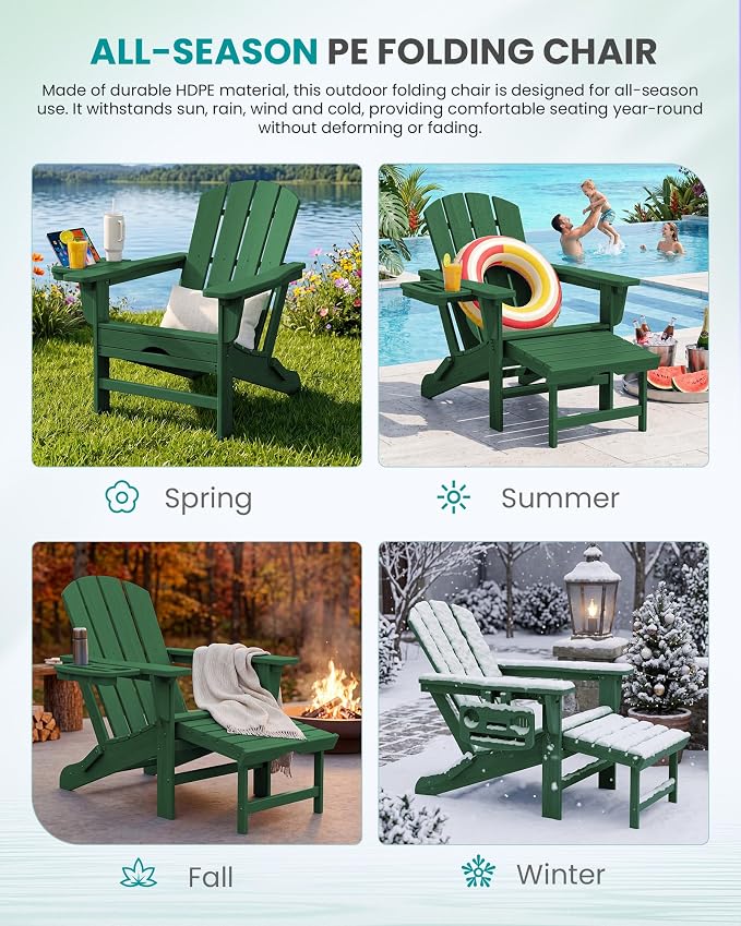 SERWALL Folding Adjustable Adirondack Chair with Footrest, HDPE Outdoor Chair with 4-in-1 Cup Holders, All Weather Adirondack Chair with Ottoman, Green