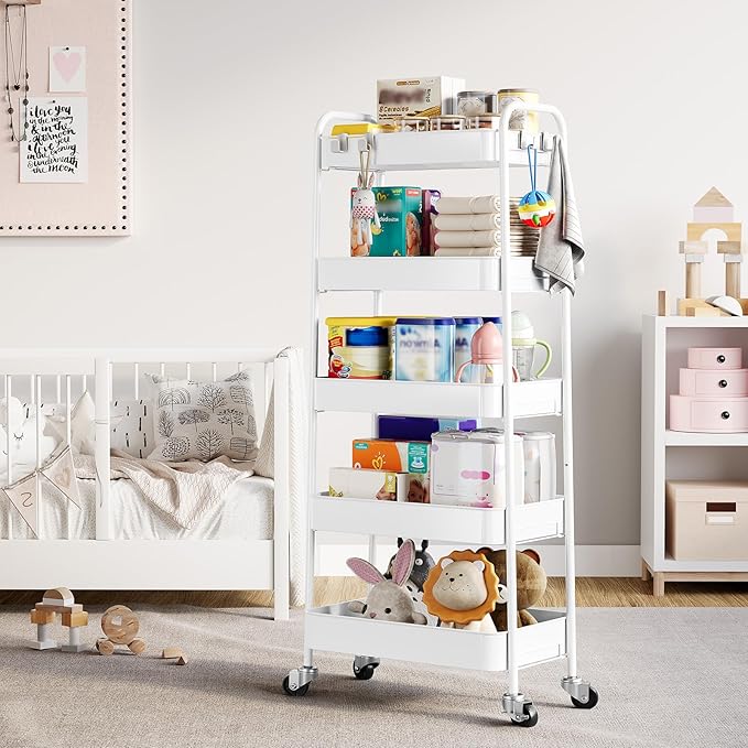 TOOLF 5-Tier Metal Rolling Cart with Wheels, Storage Utility Organizer Cart for Kitchen, Bathroom, Office, Baby Essentials & Makeup - Lockable Casters, Easy Assembly, Large Capacity, White