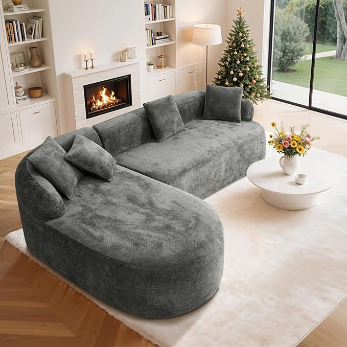 99" Curved Sectional Sofa with Chaise, Modern Boneless Couch with Deep Seat, L Shaped 3-Seater Cloud Couch for Living Room, No Assembly Needed, Chenille (Gray, Left Chaise+Right Sofa)