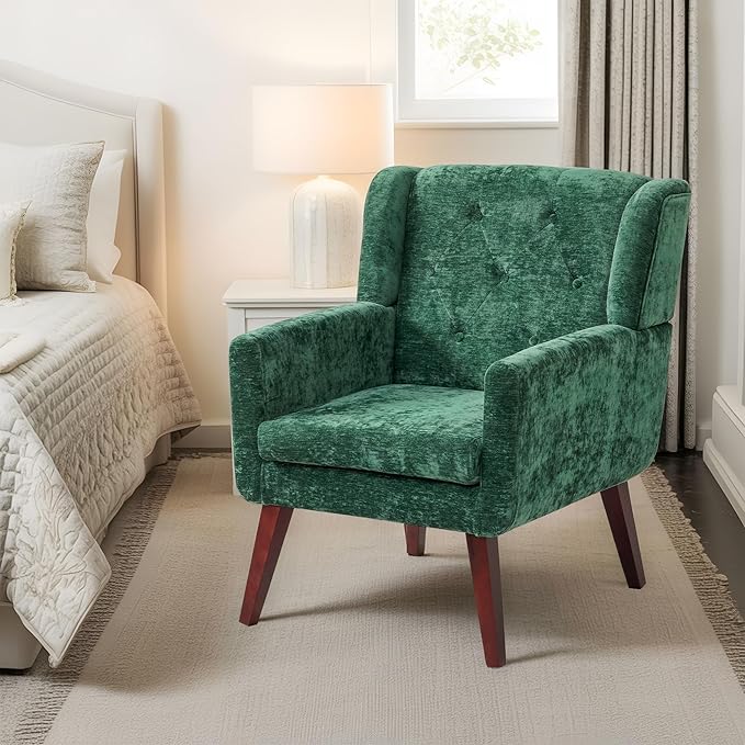 Accent Chair Button-Tufted Upholstered Living Room Chairs Comfy Reading Chair Mid Century Modern Chair with Linen Fabric Lounge Arm Chairs for Living Room Bedroom(Green Set of 2)