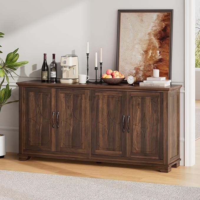ONBRILL 63 Inch Buffet Cabinet with Storage, Large Sideboard Cabinet with 4 Carved Doors, Modern Credenza Storage Cabinets w/Adjustable Shelves for Kitchen, Living Room, Brown