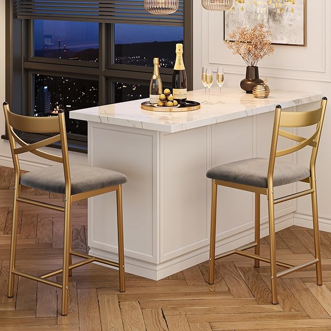 IDEALHOUSE Bar Stools Set of 2, Upholstered Bar Chairs with Back, Thick Cushion, Counter Height Barstools for Kitchen Island Apartment Counter Bar (2)