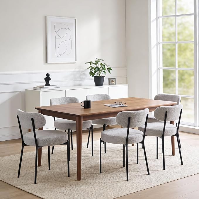DUMOS Dining Chairs Set of 4, Mid Century Modern Chair Round Upholstered Curved Backrest, Kitchen Vanity Living Room Chairs with Black Metal Legs,Classic Grey