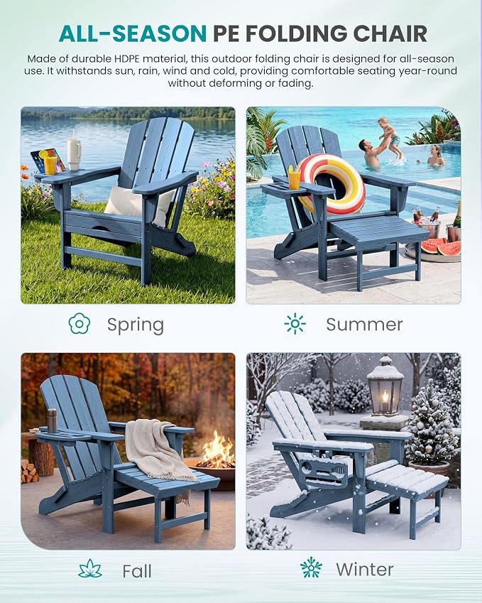 SERWALL Folding Adjustable Adirondack Chairs with Footrest Set of 2, HDPE Outdoor Chair with 4-in-1 Cup Holders, All Weather Adirondack Chair with Ottoman, Blue