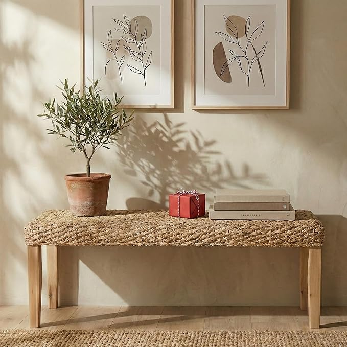 Indoor Bench Wicker for Entryway Bench, Wood Bench for Living Room Dining Bench or End of Bed Bench, 47" Boho Bench with Solid Wood Acacia & Natural Woven Seat, Rustic Farmhouse Rattan Hallway Bench