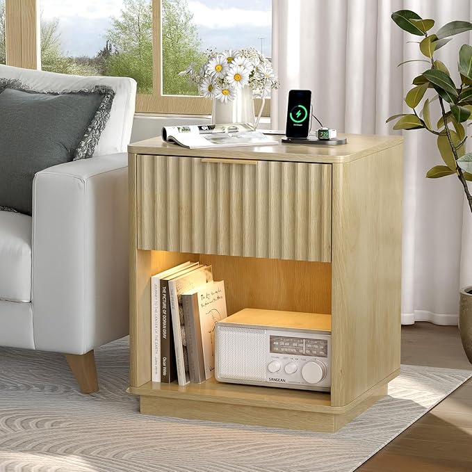 VINGLI Nightstand with Charging Station, LED Nightstand Fluted with Rounded Edge, 19" W Mid Century Modern Night Stand for Bedroom, Fluted Bed Side Table, Oak, 18.9" W*15" D*22.4" H