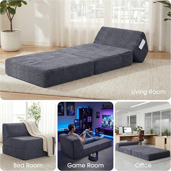 Kasunpul Folding Sofa Bed with Pillow, Memory Foam Fold Out Chair Bed, Convertible Sleeper Chair with Washable Cover, Futon Floor Couch for Living Room/Dorm/Guest Use/Home Office/Apartment, Gray