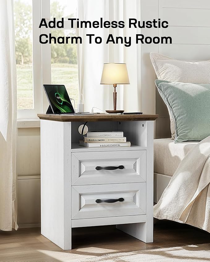 Marsail Farmhouse Nightstand Set of 2, Wood Bedside Table with Charging Station, Night Stand with Shelf and Drawers, End Table with Storage Side Table for Bedroom, Brown and White