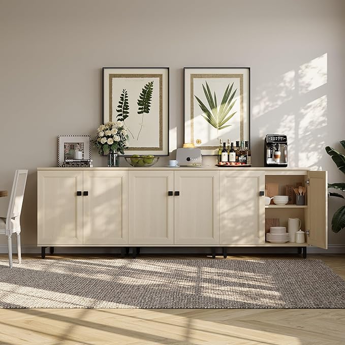 FENSULN Buffet Sideboard Cabinet Farmhouse Modern 3 in1 Storage Cabinet with Adjustable Shelves for Kitchen, Coffee Bar, Living Room, Beige