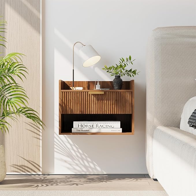 Arbuxzuy Floating Nightstand Set of 2 with Charging Station, Modern Wall Mounted Bedside Table with Drawer & Open Shelf, Minimalist Wooden Night Stand for Bedroom (Walnut Brown)