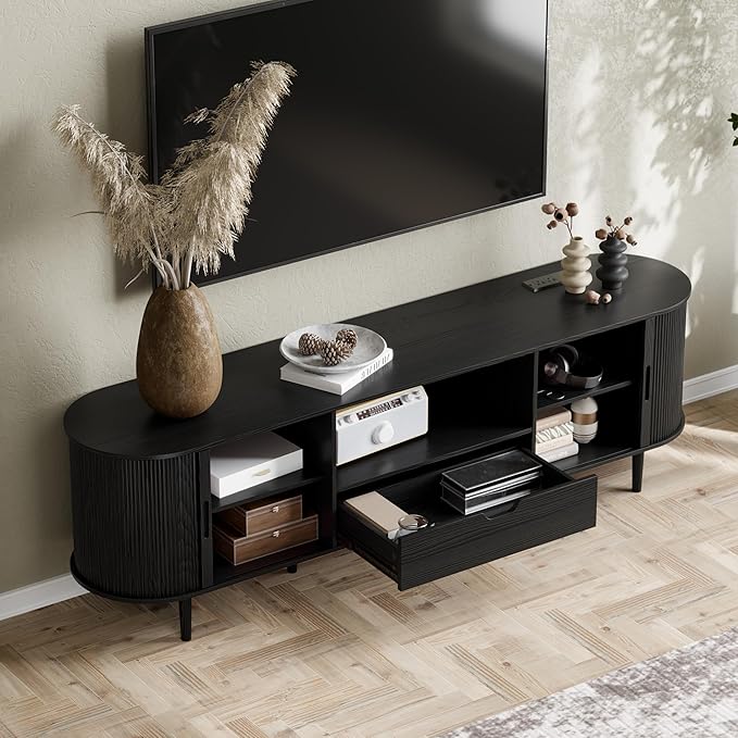 DHH 71" Fluted TV Stand with Power Outlet for TVs up to 80", TV Console with Adjustable Shelves and Sliding Door,Mid Century Modern Entertainment Center for Living Room,Bedroom (Black, 71Inch)