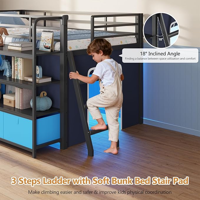 DICTAC Low Loft Bed with Desk and 6 Storage Drawers Twin Loft Bed with Bookshelf,LED Lights & Under-Bed Play Space,Kids Twin Beds with 13.8''H Safety Guardrail,Inclined Ladder&Play Curtain,Blue+Black