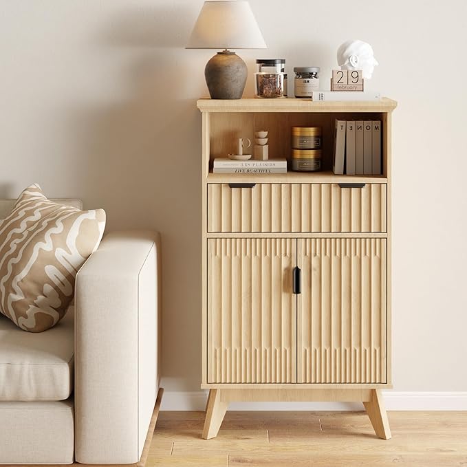 Fatmok Buffet Cabinet with Storage, 40" Modern Fluted Coffee Bar Cabinet with Drawer & Open Shelf, Wood Buffet Sideboard Console Table for Entryway, Kitchen, Living Room (Natural Wood)