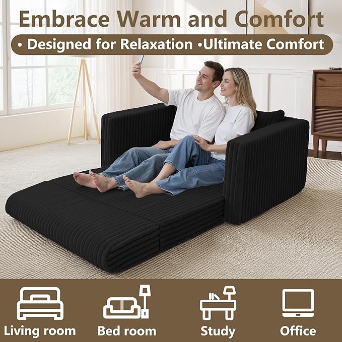 HABUTWAY 49.8" Loveseat Boneless Couch, 4-in-1 Convertible Sofa Bed, Plush Fur Folding Futon Sofa Bed Couches with a Pillow for Living Room, High-Density Foam Support, No Assembly Required, Black