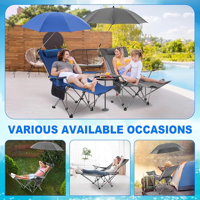Yuntau 2 Set Reclining Beach Chairs with UPF 50+ Umbrellas Shade, Upgraded Heavy Duty Portable Folding Lounge Camping Chair with Canopy Removable Footrest & Headrest for Outdoor Patio(Grey,Blue)