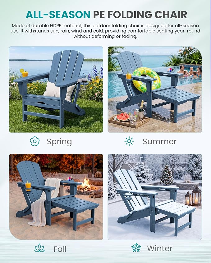 SERWALL Folding Adjustable Adirondack Chairs with Footrest Set of 4, HDPE Outdoor Chair with Dual Cup Holders, All Weather Adirondack Chair with Ottoman, Blue
