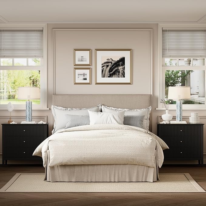 RoyalCraft 32" Large Nightstand, Fluted Painted Bedside Table with 3 Spacious Drawers, Modern Tall End Table for Bedroom, Black