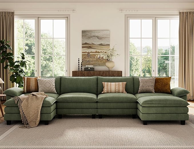 LINSY HOME 157" Modular U-Shaped Sectional Sofa, 4-Seat Corduroy Modern Cloud Couch with Deep Seat & 2 Movable Ottoman, Perfect for Living Room, Office, Bedroom, Green