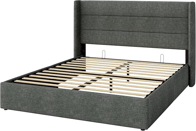 Allewie Queen Size Lift Up Storage Bed, Modern Wingback Headboard, Hydraulic Support, No Box Spring Needed, Dark Grey