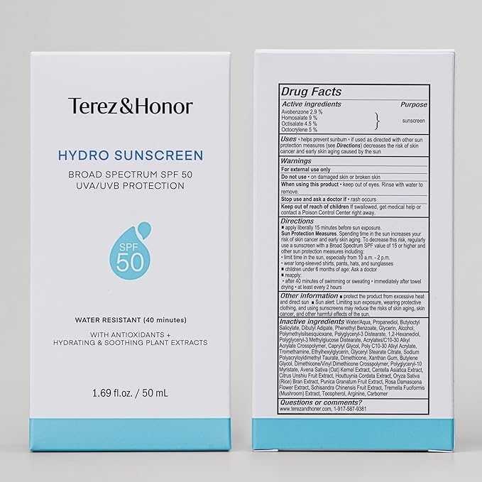 Terez & Honor Hydro Sunscreen for Face: Hydrating Broad Spectrum SPF 50 Sunscreen with UVA/UVB Protection - Moisturizing, Soothing, Water-Resistant, No-White Cast & Non-Greasy - Korean Sun Care 2-Pack