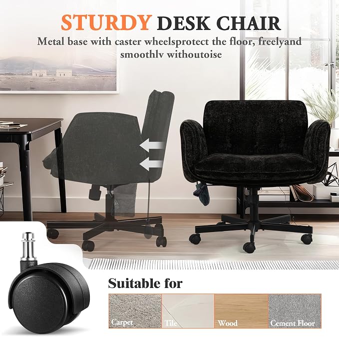 Criss Cross Chair with Lumbar Airbag & Folding Arms Relieve Back Pain, Wide Cross Legged Office Chair for Home Office, Comfy Swivel Desk Chair with Wheels, 5 Level Adjustable Armrest, Chenille(Black)