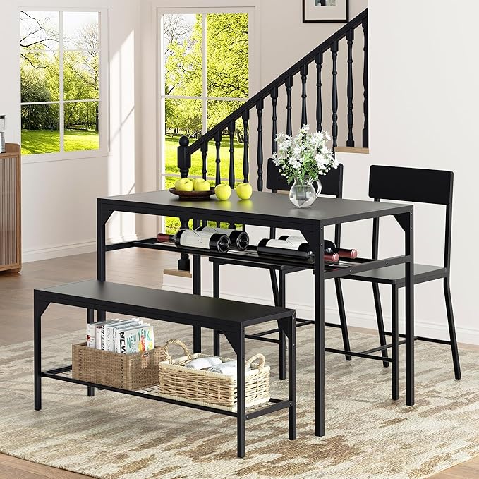 Shintenchi Kitchen Table Chairs Set of 4, Dining Table Set for 4 with Bench and Chairs, 4 Pieces Kitchen Table Set with Storage Rack & Metal Frame for Small Space, Solid Black