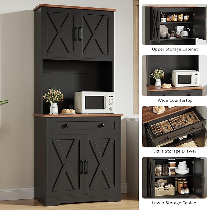 GAOMON 71" Pantry Cabinet with Charging Station, Tall Kitchen Pantry Storage Cabinet with Microwave Stand, Large Farmhouse Kitchen Hutch with Cabinet Doors & Drawer for Living Room, Dining Room