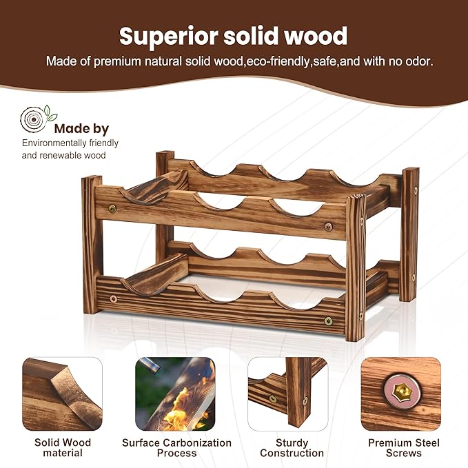 6-Bottle Wooden Wine Rack – 2-Tier Tabletop Countertop Space-Saving Wine Holder with Screwdriver Included, Easy Assembly Wine Storage Shelf for Kitchen, Bar, Pantry & Home Decor
