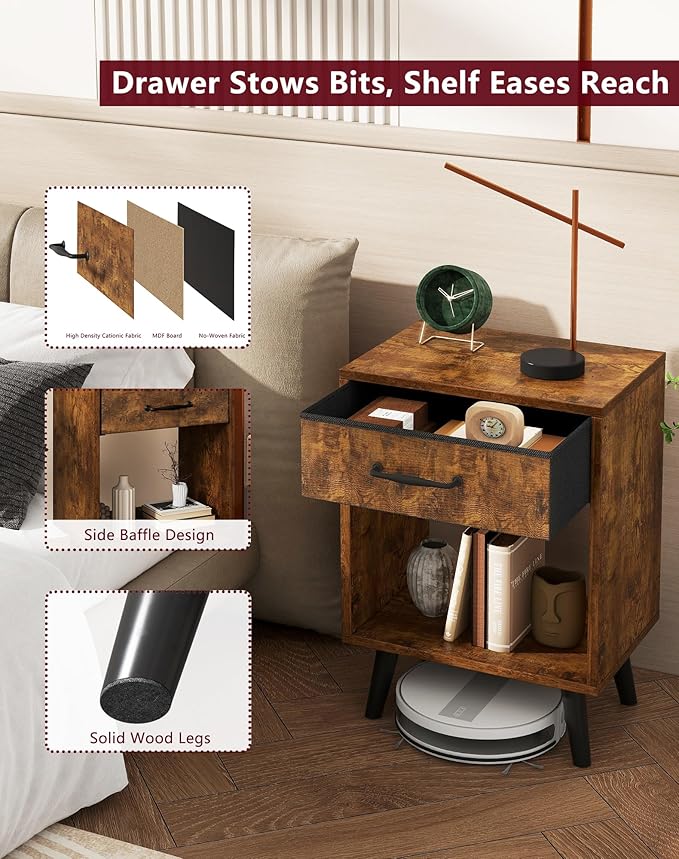 YMYNY Nightstand Set of 2, Bedside Table, Side Table with Fabric Drawer, Handle and Open Compartment, Solid Wood Legs, Wooden Coffee Table for Bedroom, Rustic Brown UHST020H-2