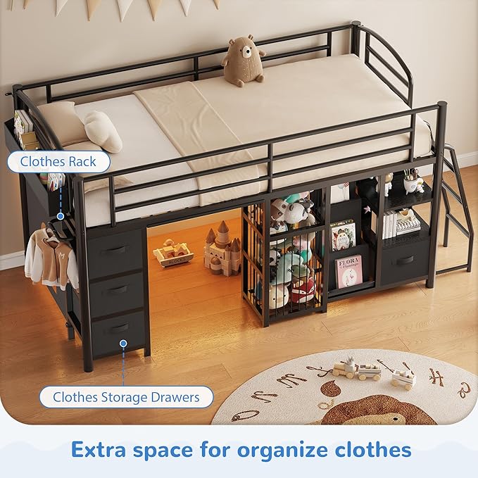 Low Loft Bed Twin Size with 4 Storage Drawers and LED Lights, Twin Loft Bed with Sling Bookcase & Toy Storage, Kids Twin Beds with Anti-Collision Pad & Play Curtain, Under-Bed Play Space, Black