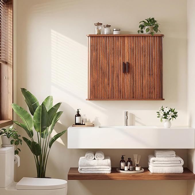 weselon Fluted Wall Mounted Bathroom Cabinet with Sliding Doors, Medicine Cabinet Storage for Over the Toilet, Space Saver Organizer for Small Bathroom Laundry Kitchen (Walnut)
