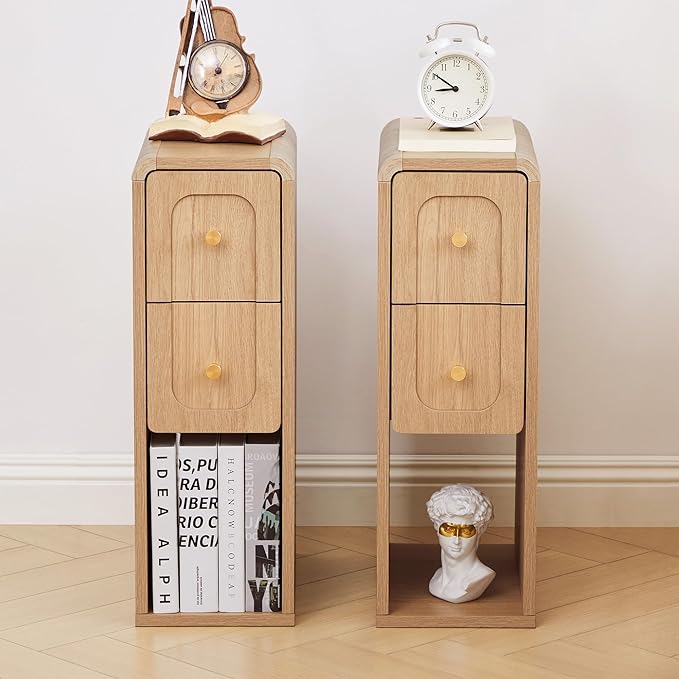Small Nightstand Set of 2, Wooden Narrow Nightstands with 2 Drawers, Vintage Side End Table for Small Spaces, Skinny Night Stand, Bedside Table for Bedroom, Living Room (Natural-2PCS)