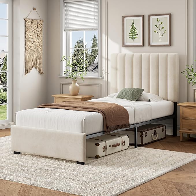 Welzona Twin Size Bed Frame with Headboard, Kids Velvet Upholstered Metal Platform Bed with Vertical Channel Tufted Headboard, 3-Level Height, Metal Slat Support, Noise-Free Easy Assembly, White