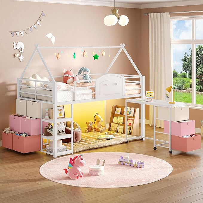 VIAGDO Twin Loft Bed with Desk and Storage for Kids, Metal Low Loft Bed Twin with 9 Drawers, 3-Tier Shelves, Led Lights, Safety Guardrail, No Box Spring Needed,White | 9 Storage Drawers