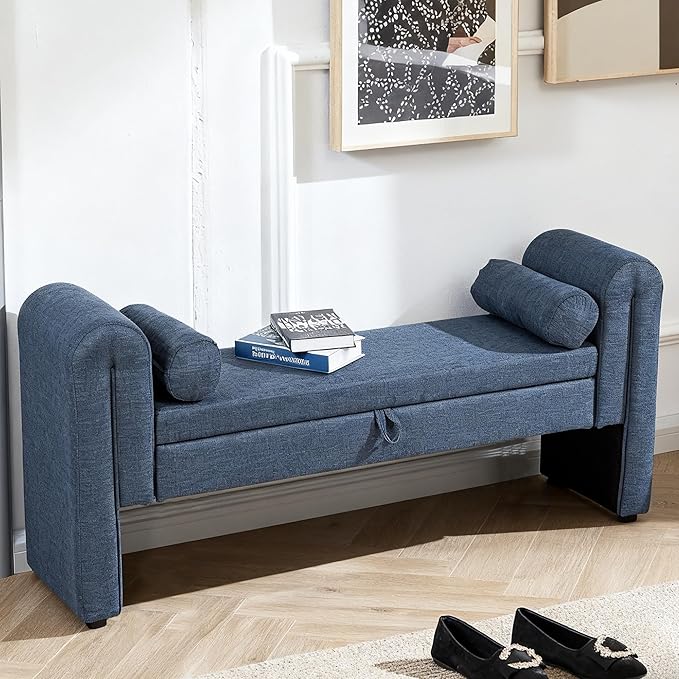 Velvet Upholstered Storage Bench for Bedroom End of Bed with Rolled Armed Button Tufted Sofa Stool, Ottoman Couch Long Bench with Solid Wood Legs (Blue-Gray)