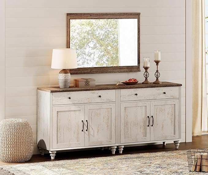 WAMAPT Modern Buffet Cabinet with 4 Doors and 2 Drawers, Large Coffee Bar Table Wood Kitchen Storage Cabinets, Farmhouse Sideboard Credenza for Dining Room, Rustic White