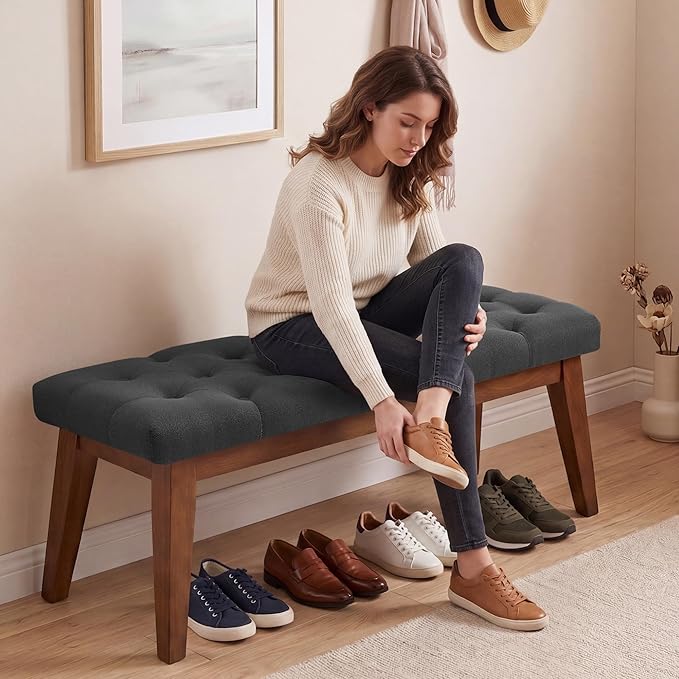43.5" Upholstered Bedroom Bench, Linen Entryway Bench with Solid Wood Legs, End of Bed Bench with Cushion, Tufted Button Dining Bench for Living Room, Bedroom, Hallway, Dark Grey