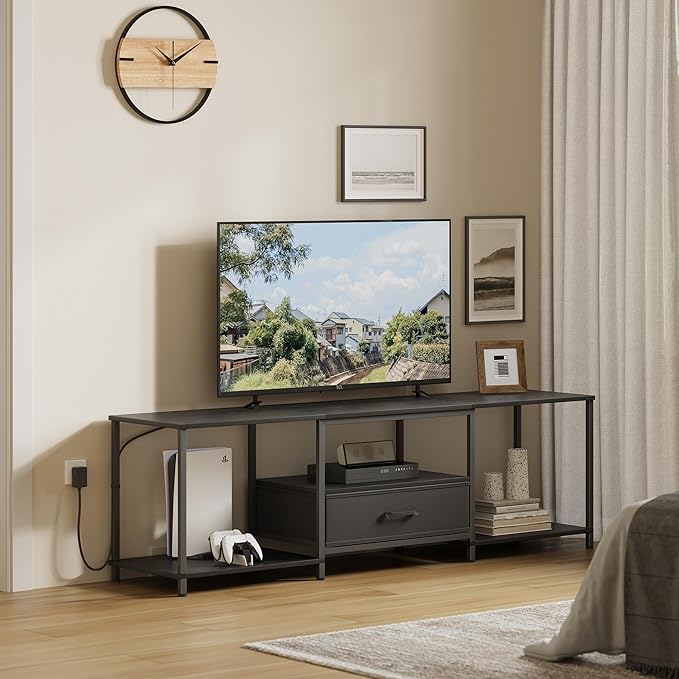 JARHETUN TV Stand with LED Lights, Entertainment Center with Open Shelves and Fabric Drawer, Media Console for 80 Inch TV, Television Stands for Living Room, Bedroom, Black