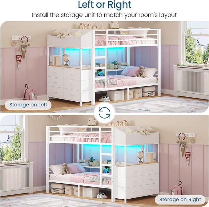Twin Over Twin Bunk Bed with 6 Storage Drawers & 3 Boxes, Dual Side Shelves, Twin Bunk Beds for Kids with LED Lights and Charging Station, Heavy Duty Metal Bunk Bed with Safety Guardrail and Ladder