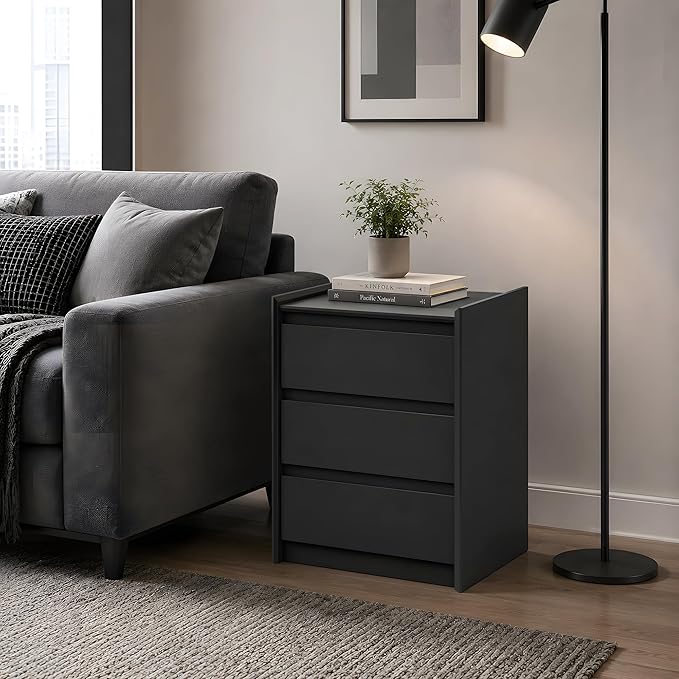24" Tall Nightstand with Charging Station Including USB-C, Modern Bedside Table and Sofa End Table - Black, 3 Drawers, Set of 2