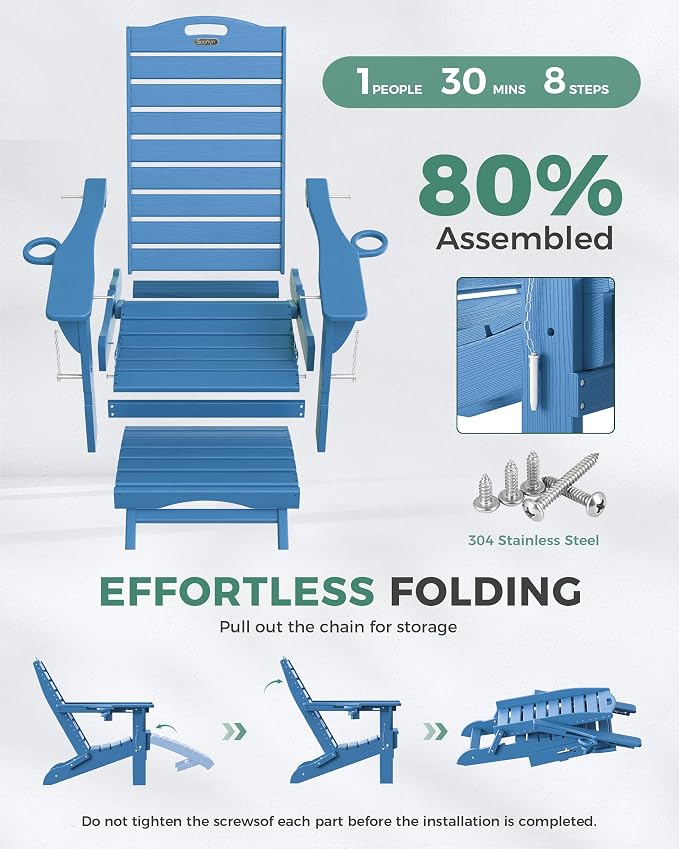 Adjustable Adirondack Chairs Set of 4 with Retractable Ottoman, HDPE Folding Adirondack Chair with Cup Holders, Weather Resistant for Backyard, Poolside & Fire Pit(Navy Blue)