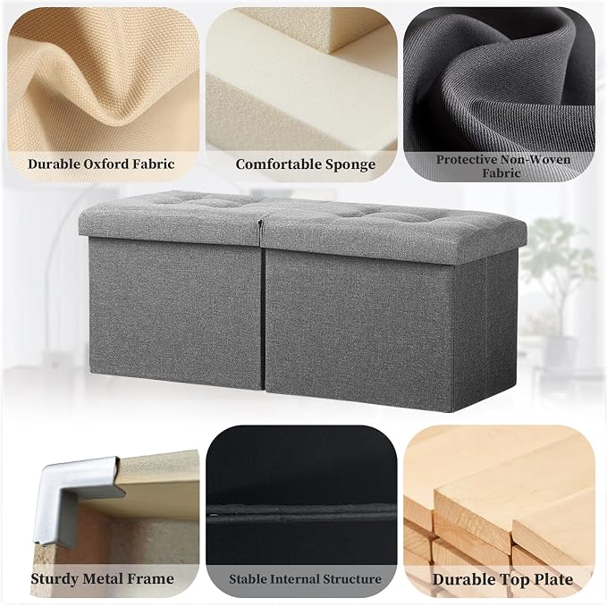 Bsketa Storage Ottoman Bench with Folding Lid Ⅲ, Foot Stools Opens on Both Ends, Footrest Foldable Linen Chest for Living Room, Bedroom, Entryway, End of Bed Storage Blanket Ottomans Dark Gray